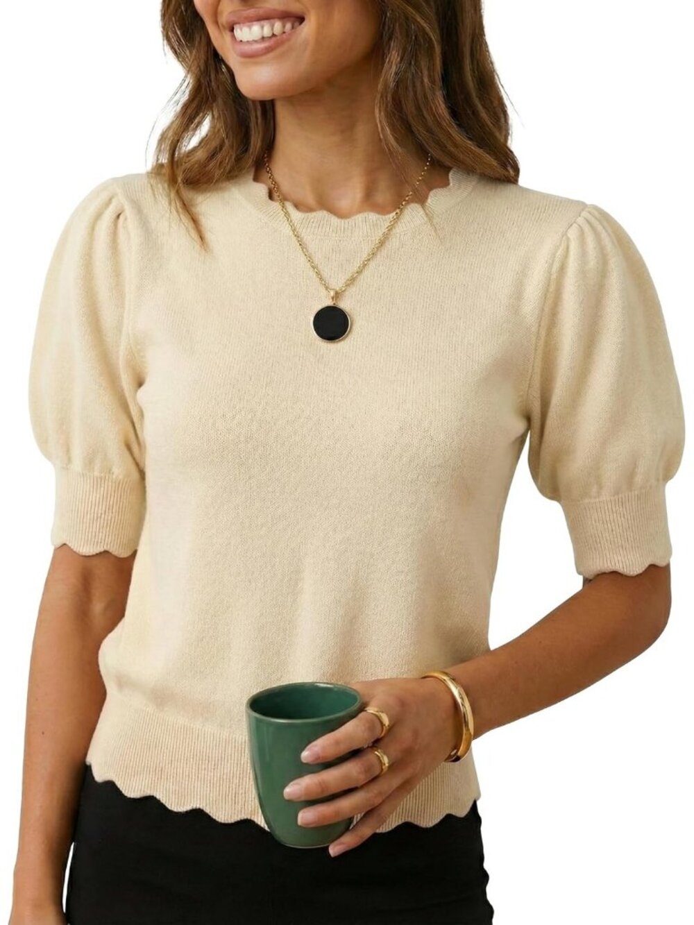 Women's Cream White Short Sleeve Crew Neck Pull On Imported Casual Sweater